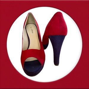 Call it Spring two tone red and purple 4’ platform peep toe sued pumps size 8.